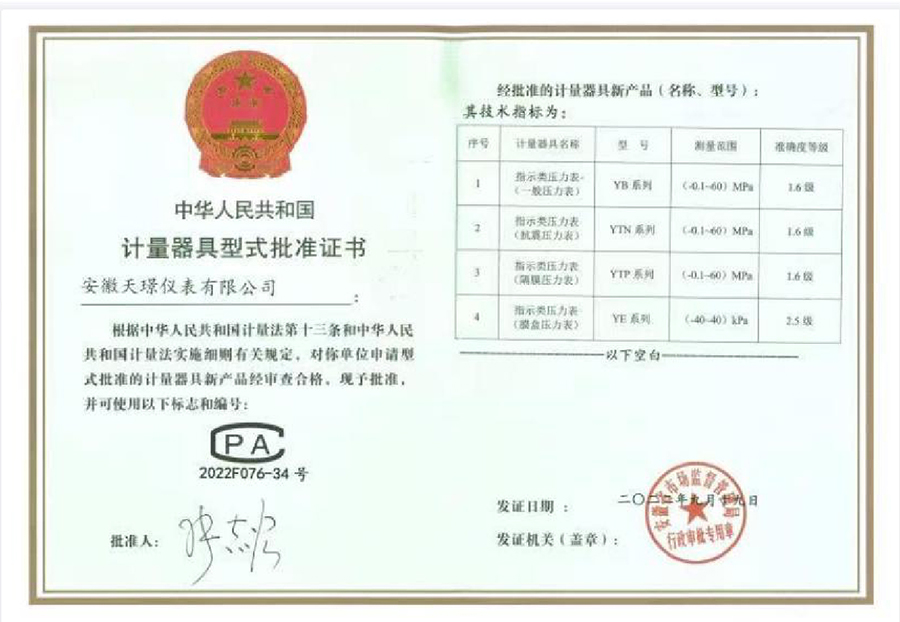 計量器具型式批準證書